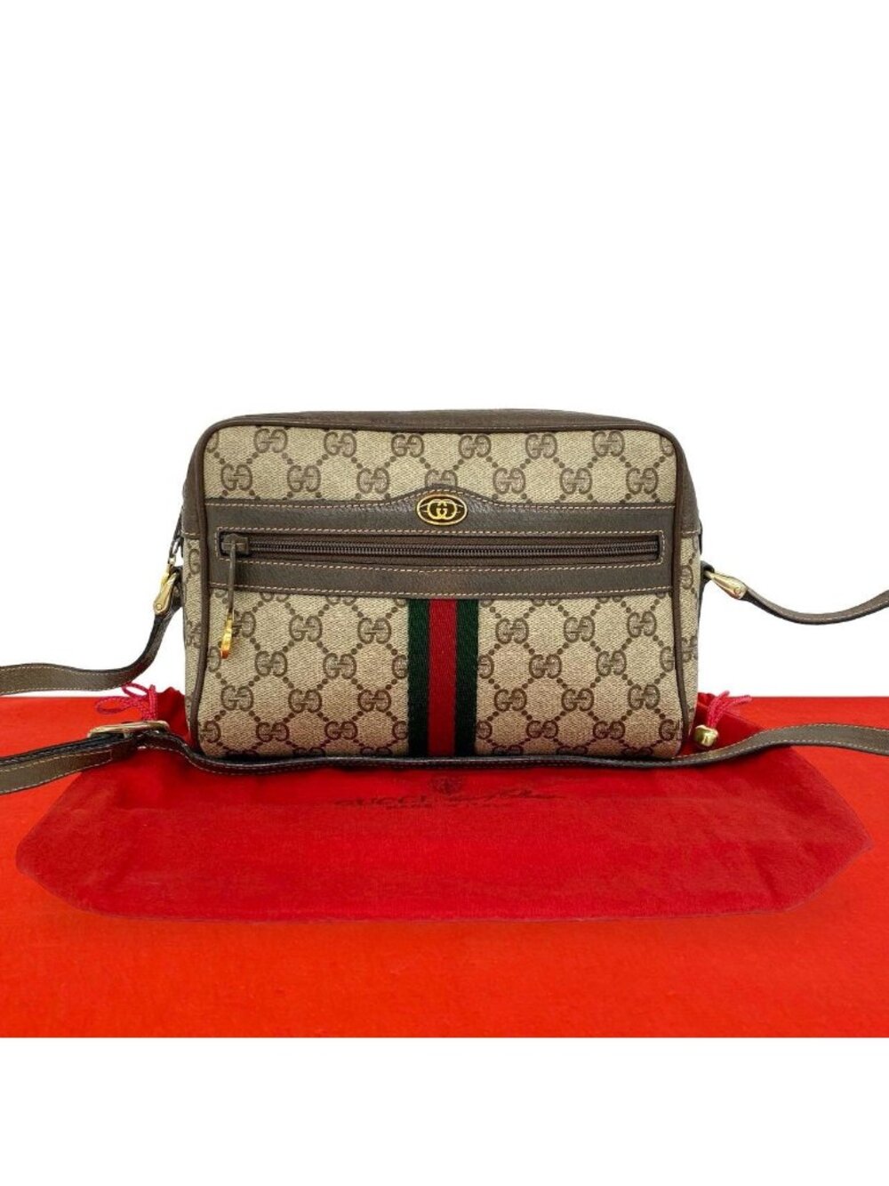 Gucci Vintage Sherry Line GG Logo Leather Shoulder Bag Pocket Brown